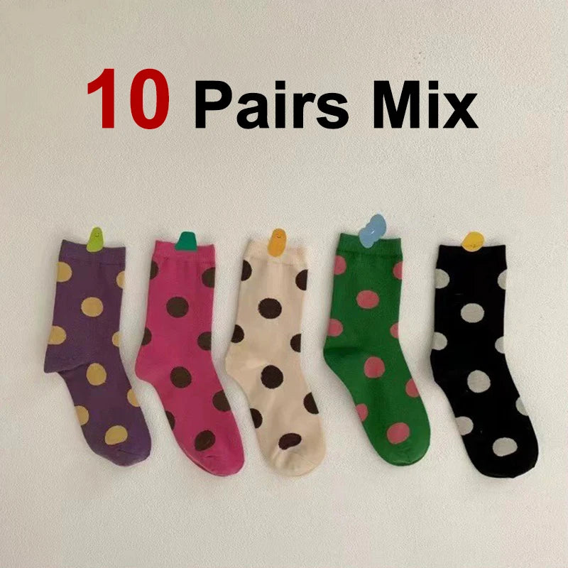 5/10 Pairs Women Polka Dot Pattern Mid Tube Socks Fashionable Matching Soft Comfortable Sweat Absorbing Breathable Casual Socks