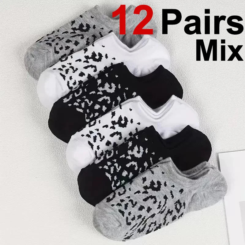 6/12 Pairs Women Leopard Print Boat Socks Fashionable Printing Soft Comfortable Sweat Absorbing Breathable Casual Socks