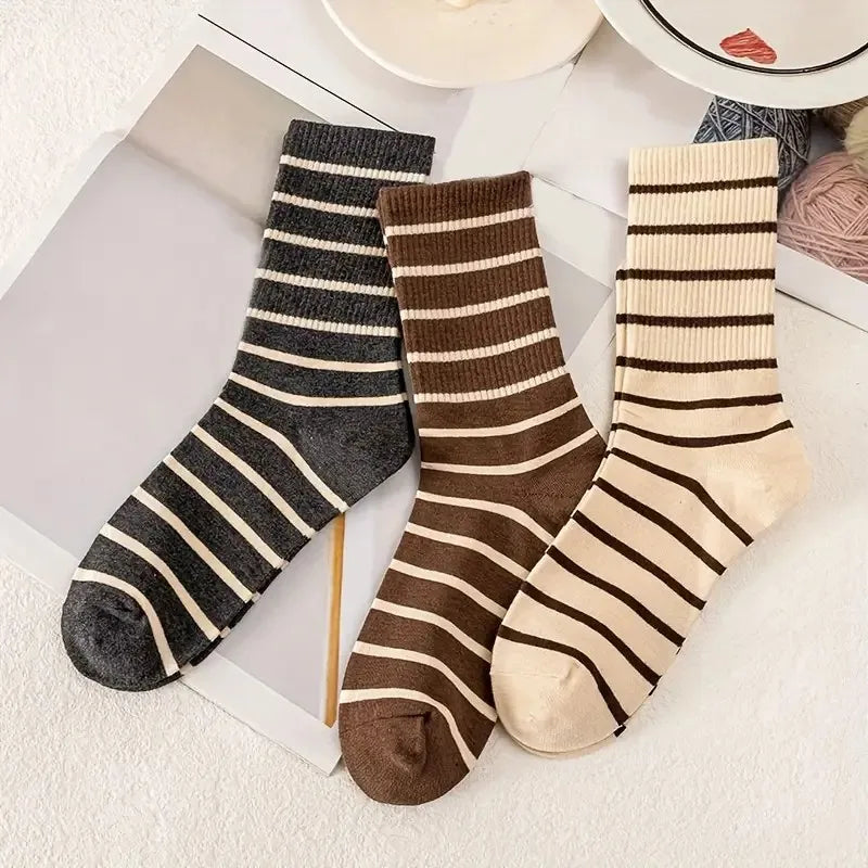 5/10 Pairs Women Mid Length Socks Fashionable Striped Print Soft Comfortable Sweat Absorbing and Breathable Casual Socks
