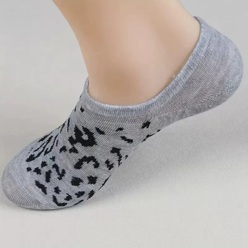 6/12 Pairs Women Leopard Print Boat Socks Fashionable Printing Soft Comfortable Sweat Absorbing Breathable Casual Socks