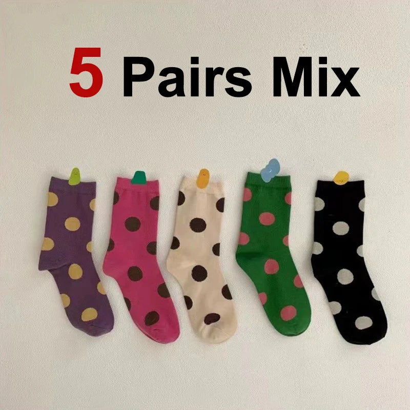 5/10 Pairs Women Polka Dot Pattern Mid Tube Socks Fashionable Matching Soft Comfortable Sweat Absorbing Breathable Casual Socks