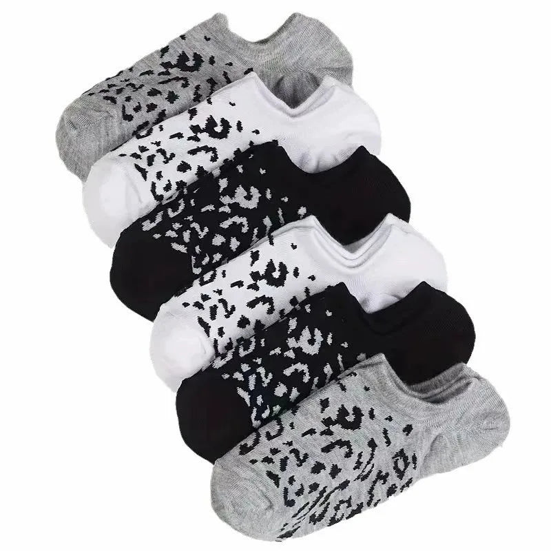 6/12 Pairs Women Leopard Print Boat Socks Fashionable Printing Soft Comfortable Sweat Absorbing Breathable Casual Socks