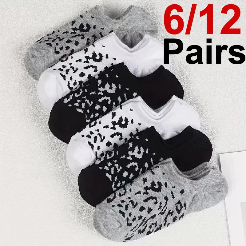 6/12 Pairs Women Leopard Print Boat Socks Fashionable Printing Soft Comfortable Sweat Absorbing Breathable Casual Socks