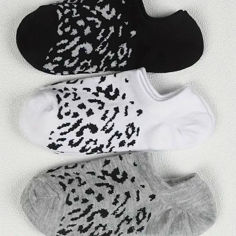 6/12 Pairs Women Leopard Print Boat Socks Fashionable Printing Soft Comfortable Sweat Absorbing Breathable Casual Socks