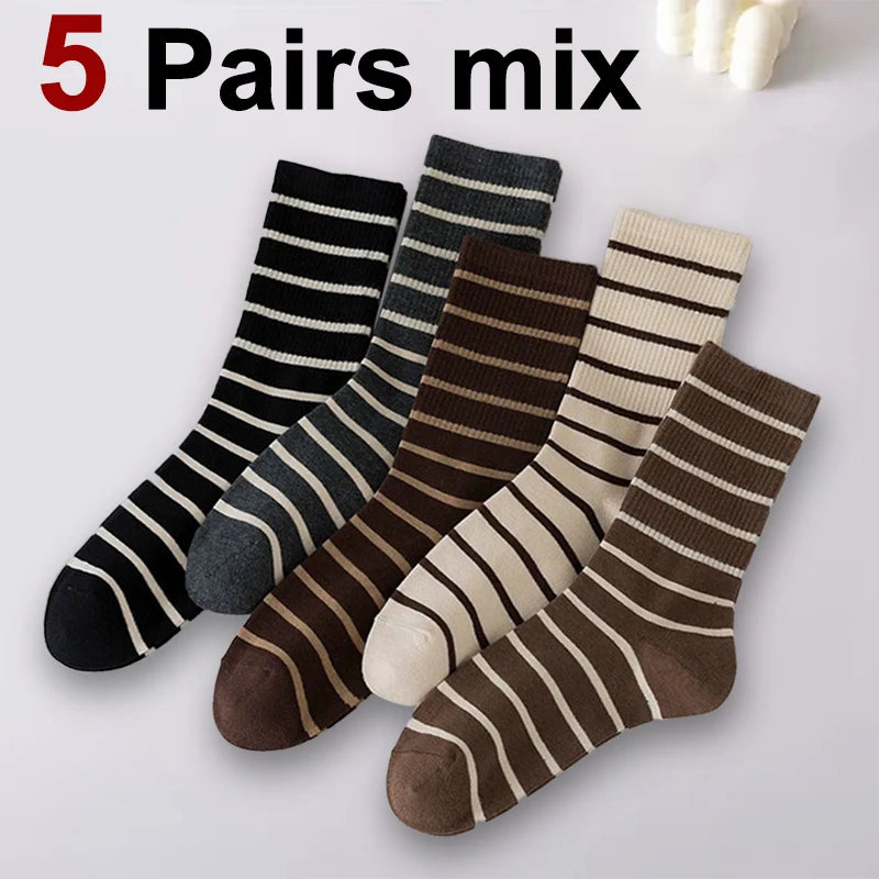 5/10 Pairs Women Mid Length Socks Fashionable Striped Print Soft Comfortable Sweat Absorbing and Breathable Casual Socks