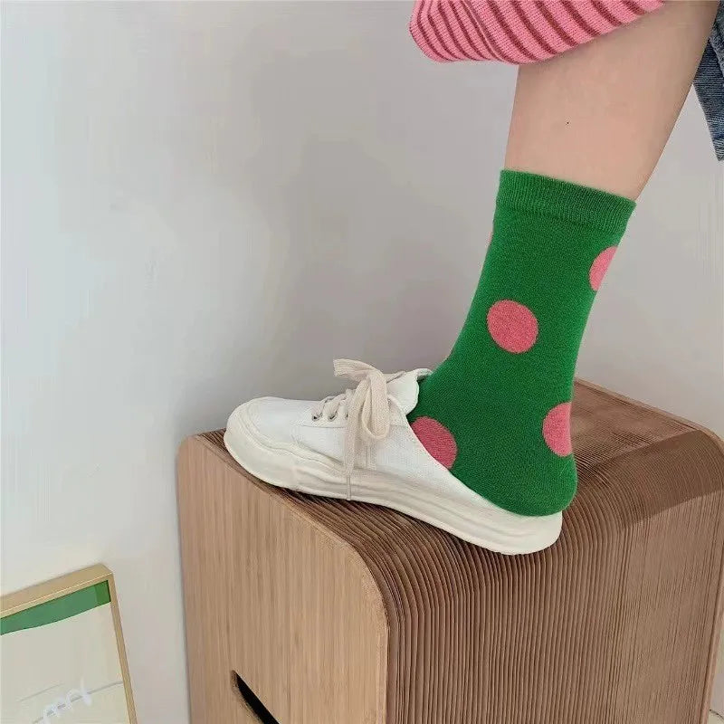 5/10 Pairs Women Polka Dot Pattern Mid Tube Socks Fashionable Matching Soft Comfortable Sweat Absorbing Breathable Casual Socks