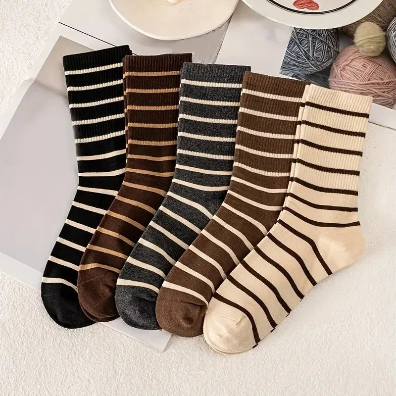 5/10 Pairs Women Mid Length Socks Fashionable Striped Print Soft Comfortable Sweat Absorbing and Breathable Casual Socks